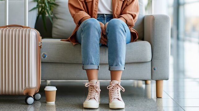 Young woman sitting in airport lounge with luggage and coffee