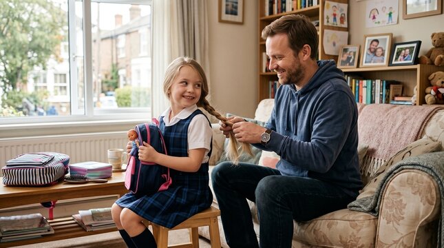 caring father carefully braiding hair of smiling little daughter on Fathers Day