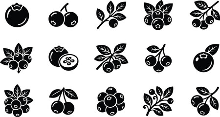 Blueberry icon set with 15 black vector elements, minimalist berry fruit silhouettes with leaves, organic food symbols for packaging and menus © Angel