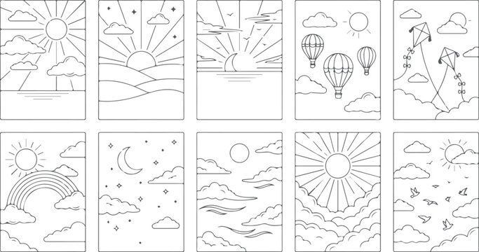 Collection of stylized landscape illustrations sunrises sunsets hot air balloons kites clouds moon rainbow sky.