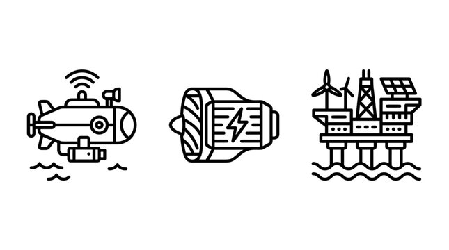 Renewable energy extraction and marine technology icons set with submarine offshore platform renewable drilling technology generator electric underwater exploration resource industrial