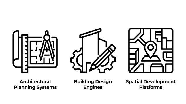 Architectural planning and urban design development icons set with architecture planning building development location construction blueprint engineering drafting infrastructure modeling