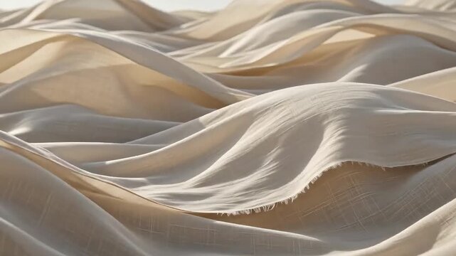 Flowing Raw Silk Fabric Waves in Gentle Breeze: breathtaking slow motion of raw silk fabric ripples, creating rhythmic flowing waves and organic patterns in soft neutral daylight.