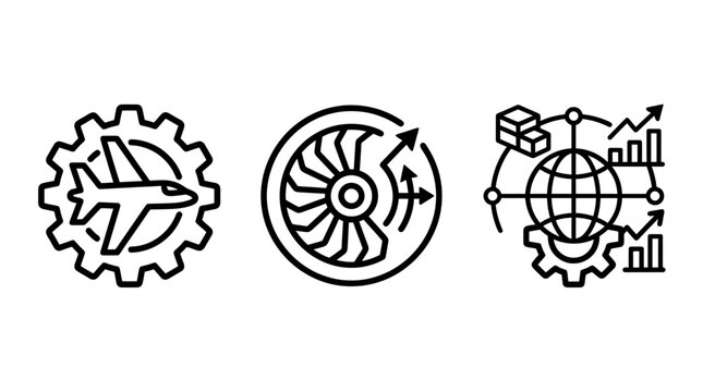 Aviation technology and engineering concept icons showing aircraft maintenance engine components global data analytics aviation engineering technology airplane maintenance analytics