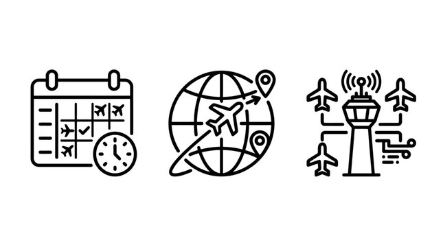Air traffic control and flight scheduling icons featuring airport operations global routes radar communication systems aviation scheduling logistics navigation calendar airplane transport