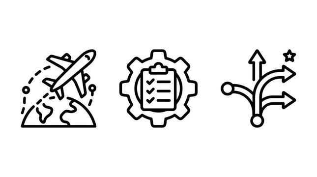 Aviation and logistics icons set featuring airplane flight path gear checklist and route flow chart aviation logistics airplane checklist transportation business planning management aerospace