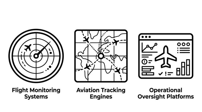 Aviation technology icons including flight radar tracking engine and operational oversight platform systems with aviation technology monitoring tracking platform oversight analysis aerospace