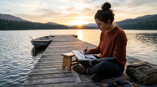 Young woman with prosthetic arm drawing on lake pier at sunset