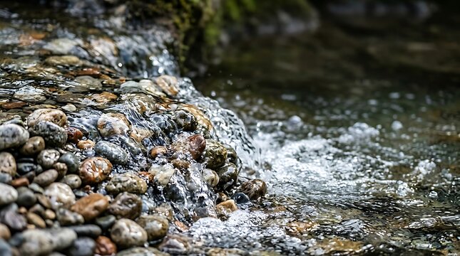 Clear mountain stream water flowing over smooth river pebbles