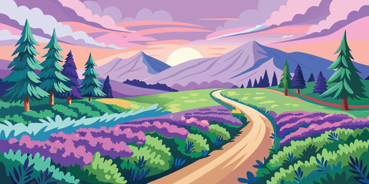 Purple lavender fields and pine trees under a sunset sky with mountains in the distance flowers
