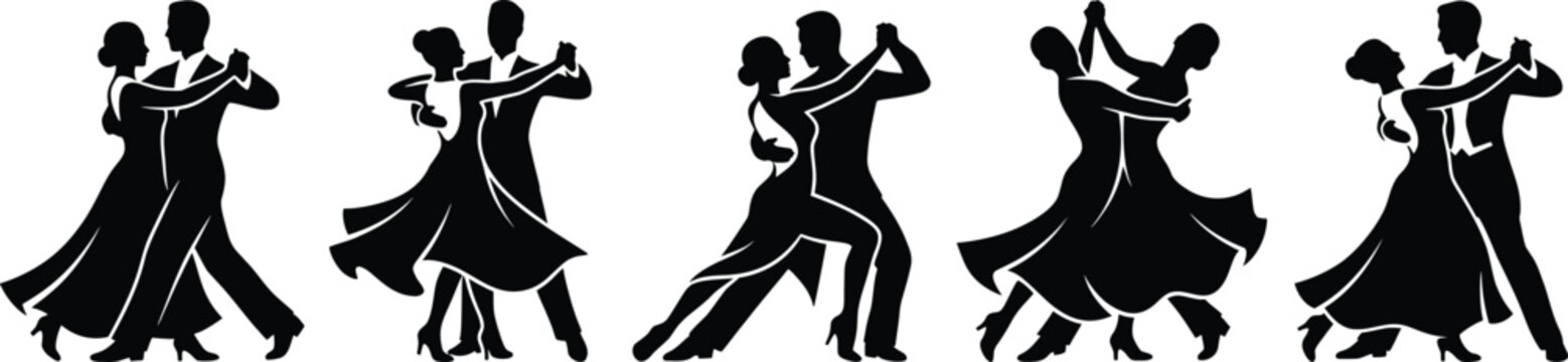 Ballroom dancing silhouettes set, elegant couples performing waltz and tango poses, black vector icons of professional dancers in formal attire