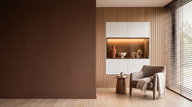 Elegant living room with dark brown wall and modern wooden slatted panel wall decor