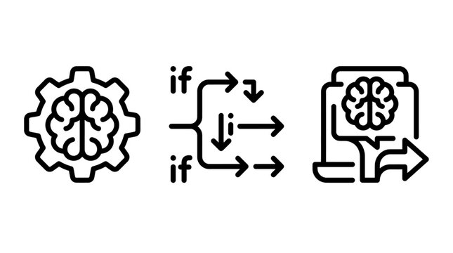 Set of artificial intelligence and logic process icons representing cognitive brain computing and decision making systems with decision computing intelligence artificial technology algorithm
