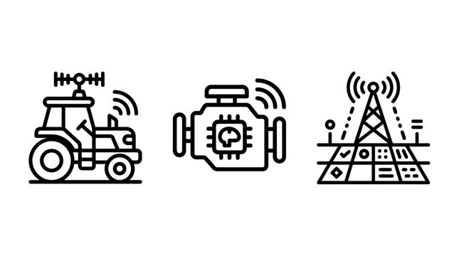 Smart agriculture connectivity and intelligent farming equipment icons with agriculture connectivity technology intelligence wireless communication automation precision industrial equipment