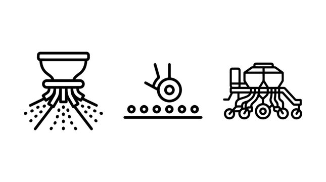 Agricultural machinery and irrigation system outline icons with irrigation agriculture machinery sprinkler equipment cultivation agronomy industry technology automation engineering