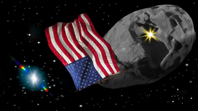 American flag planted on an Asteroid containing minerals and gold ready for mining	