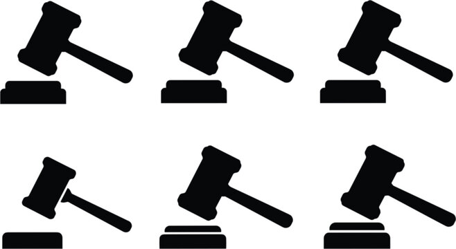 Judge gavel silhouette icons, auction hammer symbols for justice court law legal vector illustration collection isolated