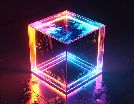 Vibrant neon holographic cube glows with layered colors in dark environment