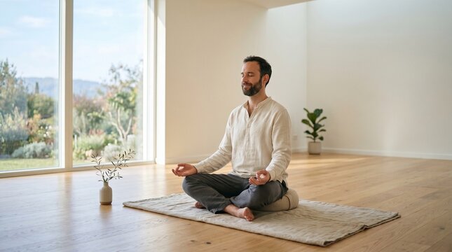 young man practicing meditation in lotus pose in bright interior