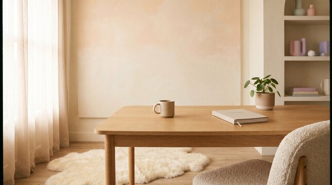 minimalist home office workspace light oak desk with copy space