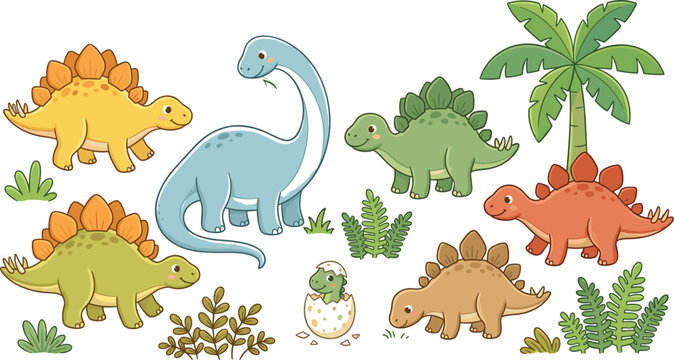 Cute Cartoon Dinosaur Clipart Set with Brachiosaurus Stegosaurus Baby Hatching Egg and Tropical Palm Tree for Kids Educational Wall Art Patterns Vector