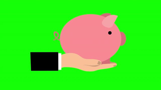 Hand Holding Pink Piggy Bank Savings Green Screen Animation 
