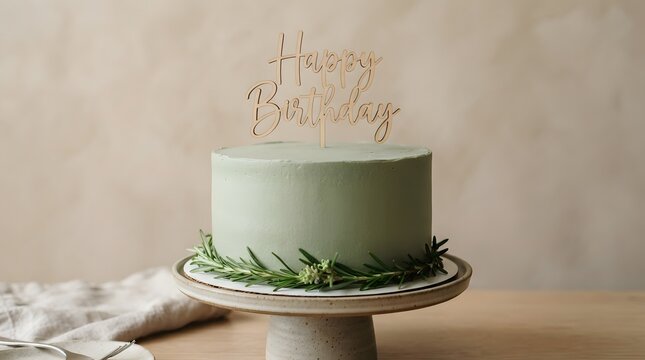 Front view of a sage green birthday cake topped with a wooden cake topper