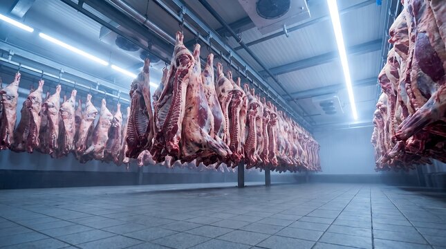 Rows of raw beef carcasses hanging in industrial cold storage meat processing facility for wholesale food production and commercial butcher industry supply chain