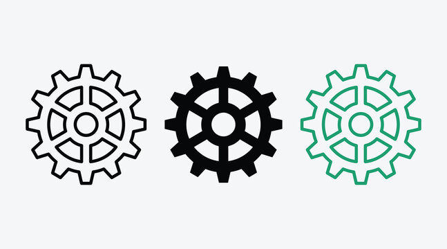 Gear cog icon set in line solid and outline graphic styles mechanical industry engineering cogwheel rotating