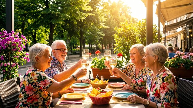 cheerful elderly friends drinking white wine at outdoor restaurant terrace