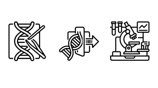 Genetic engineering and laboratory research icon set for biotechnology and science with genetics engineering laboratory research biotechnology microscope chemistry analysis technology