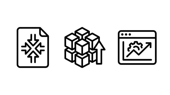 Linear icons representing file compression data cube organization website analytics performance compression analytics optimization document technology computing business information