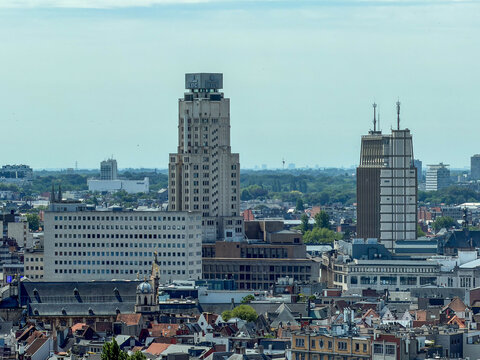 Panoramic skyline view of Antwerpen, Belgi&euml; showing the historic Boerentoren KBC tower and modern city architecture