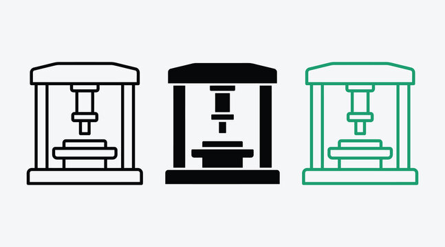 Industrial hydraulic press machine icons in outline and solid styles for manufacturing and engineering