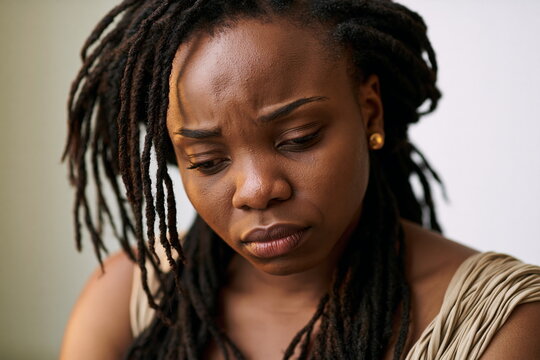 Young Woman in Thoughtful Pose with Head Bowed, Dressed in Elegant Teal Blouse, Capturing a Moment of Reflection and Vulnerability