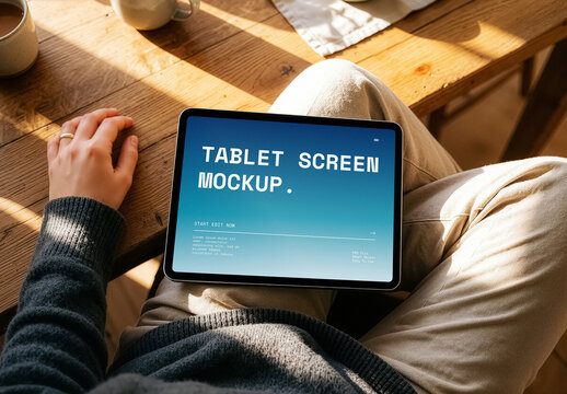 Tablet Mockup In Person Hands Home Device Scene