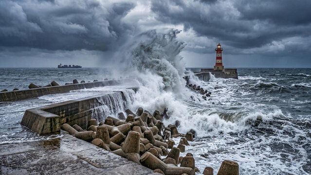 Massive ocean storm waves crashing over a concrete breakwater pier and a red lighthouse under dramatic dark storm clouds