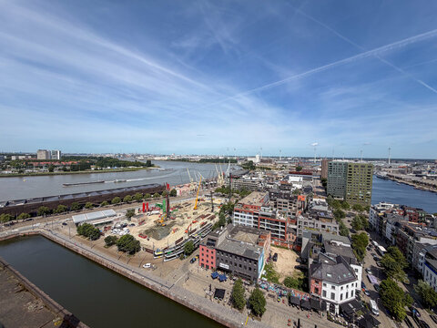 Aerial panoramic view of Nieuwstad-Cadix district construction site and Scheldt river in Antwerpen, Belgi&euml;