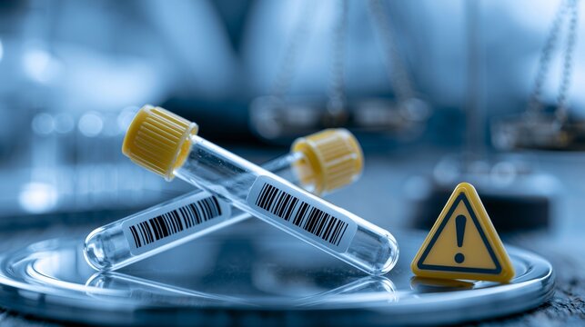Test tube, warning sign, and stethoscope evoke medical malpractice, negligence, and patient harm in a hospital setting.