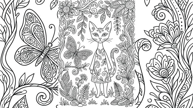 Intricate Fantasy Cat Standing in Secret Garden with Butterflies and Floral Mandala Foliage Pattern Outline Illustration for Adult Meditation Coloring Pages Vector