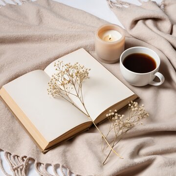 Cozy Aesthetic Mockup with Open Book Coffee and Candle on Blanket