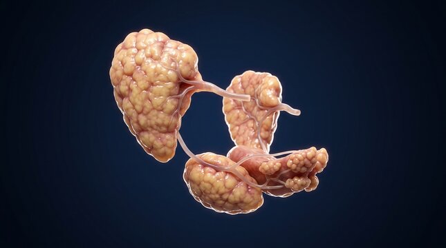 A medical illustration of polycystic kidneys with cysts on a dark background