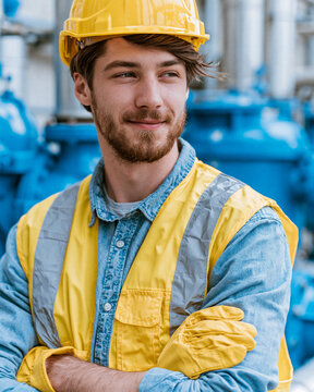 Young Industrial Worker in Safety Gear Standing in Factory