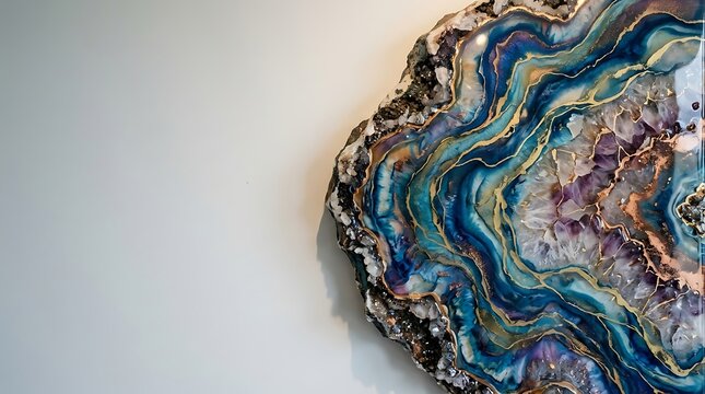 Abstract geode resin art with blue and purple crystal layers