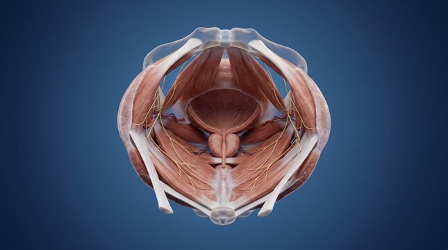 A detailed illustration of the human pelvic floor muscles and organs