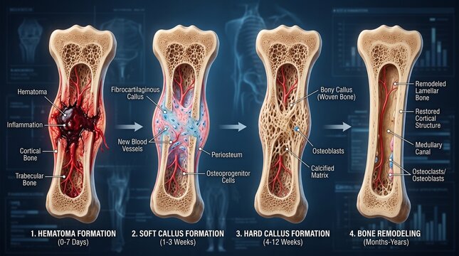 An infographic showing the four stages of bone fracture healing, including hematoma formation, soft callus formation, hard callus formation, and bone remodeling.