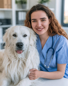Smiling Veterinarian with Golden Retriever in Clinic