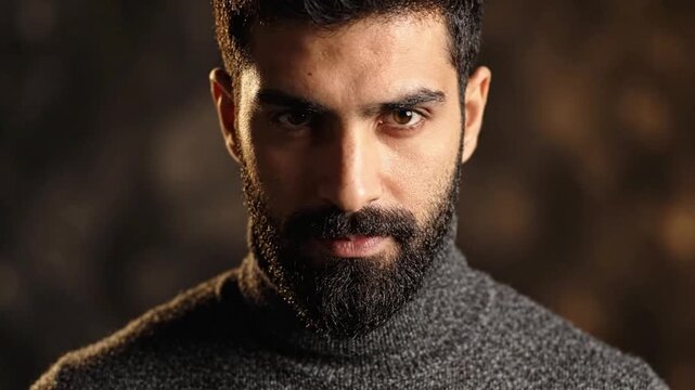 Portrait of young adult male with beard and mustache in a studio setting during daytime
