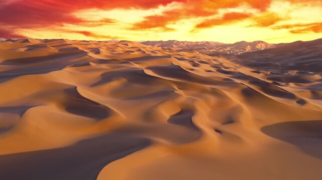 Aerial view of the rolling golden sand dunes at sunset in the Kumtag Desert, Xinjiang, China.