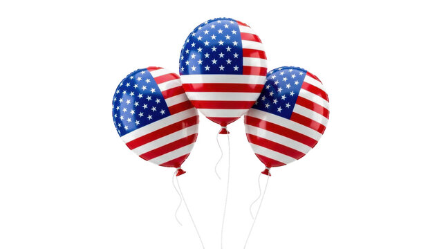 Three floating balloons with american flag pattern for patriotic holiday isolated on transparent background